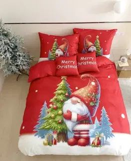 Obliečky 3 dielne Vianočné Flanelové obliečky 3D polycotton Červený Trpaslík 200x140cm+90x70cm TiaHome
