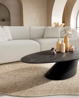 Konferenčné stolíky DELIFE Konferenčný stolík Edge oválny 140x75 cm keramika Laminam® Noir Desir hnedá Conis kov čierna