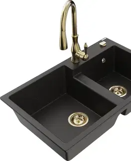 Kuchynské drezy MEXEN/S MEXEN/S - Tomas granitový drez 2-bowl vrátane batérie Savita, čierna/zlatá metalik 6516-75-672601-50