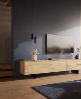 Televízne stolíky DELIFE TV stolík Cuor 220 cm keramika Laminam® sabbia v dubovej farbe 1 výklopné dvierka 2 zásuvky podstava závesná kov čierna