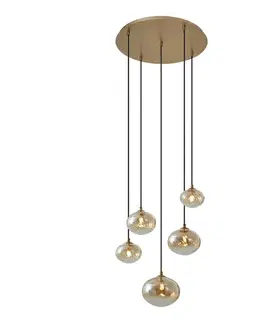 Závesné svietidlá Závesná lampa Art Deco zlatá s jantárovým sklom - Jia
