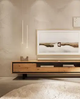 Televízne stolíky DELIFE TV stolík Stonegrace 240 cm dub prírodný 2 dvierka 2 zásuvky 1 priehradka podstava štvorcová kov čierna