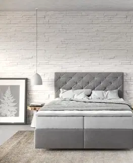 Postele Boxspring DELIFE Boxspring posteľ Dream-Great 140x200 cm mikrovlákno sivá s vreckovou pružinovou matracou a visco topperom