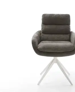 Jedálenské stoličky DELIFE Jedálenská stolička Abelia-Flex s opierkami bouclé mäkký tmavobéžová krížová podstava široká biela 360° otočný hojdacia funkcia