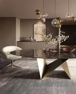 Jedálenské stoly DELIFE Jedálenský stôl Edge oválny 280x130 keramika Laminam® Emperador Extra Lucidato tmavohnedá Origami metalická zlatá
