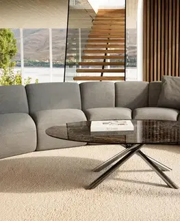 Konferenčné stolíky DELIFE Konferenčný stolík Edge oválny 140x80 cm keramika Laminam® Emperador Extra Lucidato tmavohnedá Sarity nerezová oceľ kefovaná