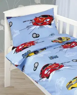 Obliečky Bellatex Detské bavlnené obliečky do postieľky Agáta Pretekárske autá modrá, 90 x 135 cm, 45 x 60 cm