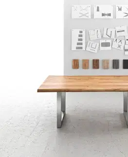 Jedálenské stoly DELIFE Jedálenský stôl Edge 200x100 XL akácia prírodná nerezová oceľ široký Live-Edge