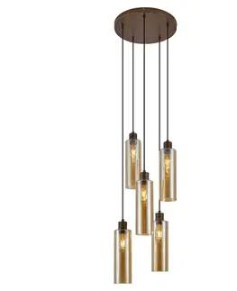Závesné svietidlá Hotelová elegantná závesná lampa tmavý bronz s jantárovým sklom 5-svetiel - Stavelot