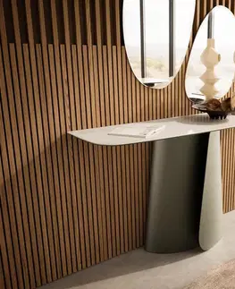 Konzolové stolíky DELIFE Konzolový stolík Edge zaoblený 140×40 cm keramika onyx šampanské Livos kov titánová farba