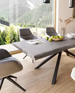 Jedálenské stoly DELIFE Jedálenský stôl Edge 220x100 XL akácia platinová krížová podstava obdĺžnik čierna Live-Edge