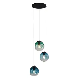 Závesné svietidlá Art Deco závesná lampa čierna s modrým a zeleným sklom 3-svetlá - Douglass