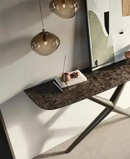 Konzolové stolíky DELIFE Konzolový stolík Edge zaoblený 140×40 cm keramika Emperador Extra Lucidato tmavohnedá Estelo kov titánová farba
