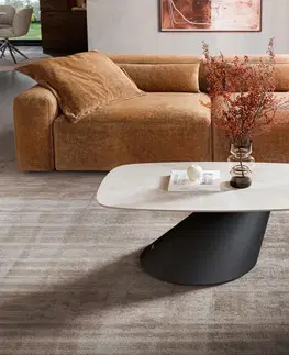 Konferenčné stolíky DELIFE Konferenčný stolík Edge zaoblený 100×50 cm keramika onyx šampanské Conis kov čierna