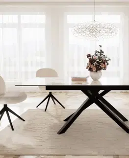 Jedálenské stoly DELIFE Jedálenský stôl Edge 180-220x100 keramika Minas melange bielo-béžová krížová podstava hranatý čierny rozkladací