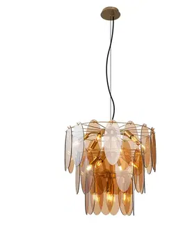 Závesné svietidlá Závesná lampa Art Deco zlatá s jantárovým sklom oválna 14-svetiel - Mochan
