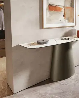 Konzolové stolíky DELIFE Konzolový stolík Edge zaoblený tvar 180×40 cm keramika Calacatta Luxe bielo-zlato-šedá Conos kov titánová farba