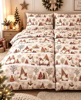 Obliečky Obliečky bavlnené Vianočné škriatky hnedé TiaHome - 1x Vankúš 90x70cm, 1x Paplón 140x200cm