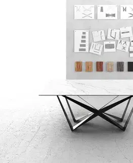 Jedálenské stoly DELIFE Jedálenský stôl Edge 200x100 cm keramika Laminam® Statuarietto biela stredová podstava plochá oceľ čierna