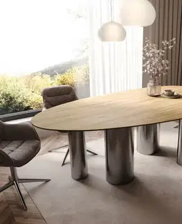 Jedálenské stoly DELIFE Jedálenský stôl Edge oválny 220x120 keramika Laminam® sabbia dubová farba pilier nerezová oceľ grafitová