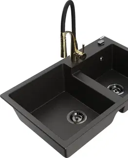 Kuchynské drezy MEXEN/S MEXEN/S - Tomas granitový drez 2-bowl vrátane batérie Aster, čierna/zlatá metalik 6516-75-73450-57-B