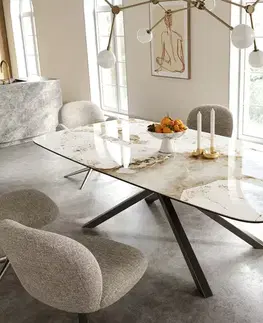 Jedálenské stoly DELIFE Jedálenský stôl Edge zaoblený 240×120 cm keramika Minas Melange bielo-béžová krížová podstava hranatý nerezová oceľ grafitová