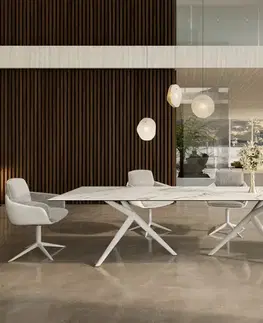 Jedálenské stoly DELIFE Jedálenský stôl Edge 300x100 keramika Calacatta Luxe bielo-zlato-šedá Estelar okrúhly kov biela