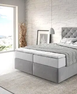 Postele Boxspring DELIFE Boxspring posteľ Dream-Great 140x200 cm mikrovlákno sivá s vreckovou pružinovou matracou a visco topperom