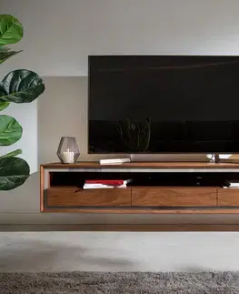Televízne stolíky DELIFE TV stolík Stonegrace 175 cm akácia hnedá kamenná dyha 3 zásuvky 1 priehradka závesný