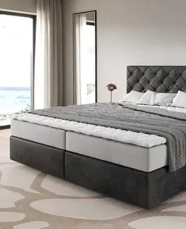 Postele Boxspring DELIFE Boxspring posteľ Dream-Great mikrovlákno antracitová vintage 200×200 cm s vreckovou pružinovou matracou a topperom Visco