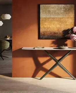 Konzolové stolíky DELIFE Konzolový stolík Edge zaoblený 180×40 cm keramika Laminam® Travertino Bianco krémovo biela Estelo kov titánová farba