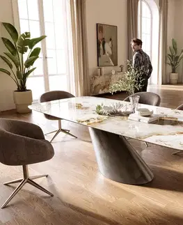 Jedálenské stoly DELIFE Jedálenský stôl Edge zaoblený tvar 260×120 cm keramika Minas Melange bielo-béžová Cono metalická strieborná