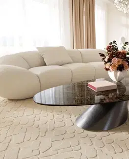 Konferenčné stolíky DELIFE Konferenčný stolík Edge oválny 140x75 cm keramika Laminam® Emperador Extra Lucidato tmavohnedá Conis metalická strieborná
