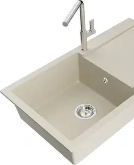 Kuchynské drezy MEXEN/S MEXEN/S - Leo granitový drez 1 s odkvapkávačom vrátane batérie Flora, béžováy 6501-69-670401-00