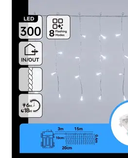 LED osvetlenie  B.V.  -LED Vonkajšia vianočná reťaz 300xLED/8 funkcií 3xAA 18x0,4m IP44 studená biela B10303K3S