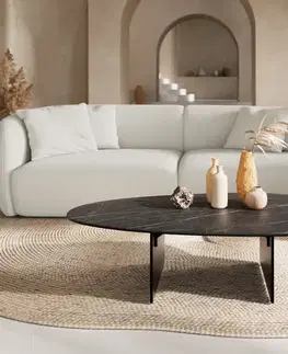 Konferenčné stolíky DELIFE Konferenčný stolík Edge oválny 140×75 cm keramika Laminam® Noir Desir hnedá Salto kov čierna