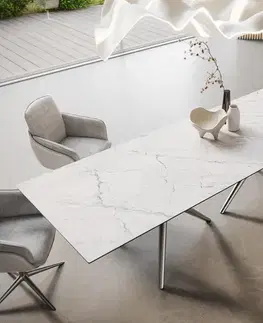 Jedálenské stoly DELIFE Jedálenský stôl Edge 300x100 keramika Laminam®Statuarietto biela Estelar okrúhly nerezová oceľ