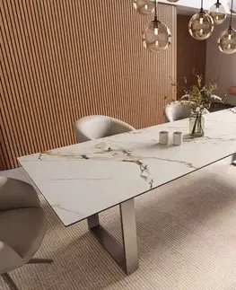Jedálenské stoly DELIFE Jedálenský stôl Edge 300x100 keramika Calacatta Luxe bielo-zlato-šedá nerezová oceľ úzky