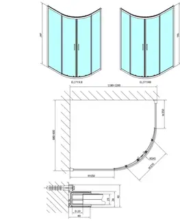 Sprchové dvere POLYSAN - EASY BLACK štvrťkruhová sprchová zástena 1200x900, L/R, číre sklo EL2715B