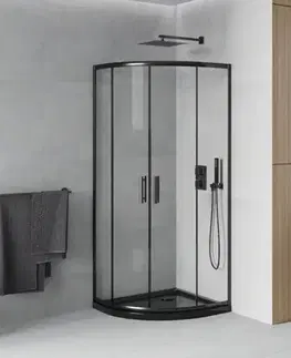 Vane MEXEN/S - Rio štvrťkruhový sprchovací kút 80 x 80, transparent, čierny + vanička so sifónom Flat, čierny 863-080-080-70-00-4170B
