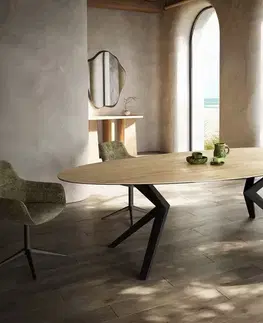 Jedálenské stoly DELIFE Jedálenský stôl Edge oválny 280x130 keramika Laminam® sabbia dubová farba Zenthara hranatý kov čierna