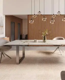 Jedálenské stoly DELIFE Jedálenský stôl Edge 300x100 keramika Calacatta Luxe bielo-zlato-šedá nerezová oceľ úzky