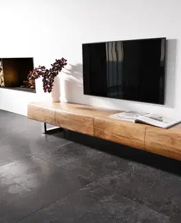 Televízne stolíky DELIFE TV stolík New Live-Edge 240 cm akácia prírodná 4 zásuvky tenká podstava nerezová oceľ kefovaná