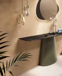 Konzolové stolíky DELIFE Konzolový stolík Edge zaoblený tvar 180×40 cm keramika Laminam® Noir Desir hnedá Conos kov titánová farba