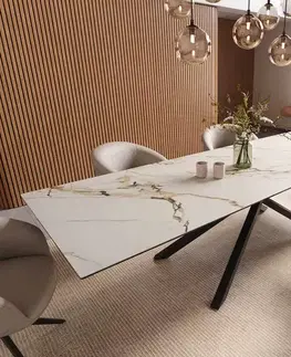 Jedálenské stoly DELIFE Jedálenský stôl Edge 300x100 keramika Calacatta Luxe bielo-zlato-šedá krížová podstava hranatý čierna
