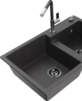 Kuchynské drezy MEXEN/S MEXEN/S - Tomas granitový drez 2-bowl vrátane batérie Flora, čierna kropenatá 6516-76-670401-08-B