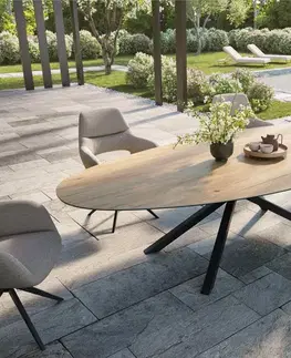 Záhradné stoly DELIFE Záhradný stôl Edge oválny 280x130 cm keramika Laminam® sabbia v dubovej farbe krížová podstava hranatá čierna