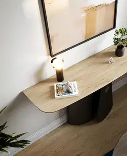 Konzolové stolíky DELIFE Konzolový stolík Edge zaoblený 140×40 cm keramika Laminam® sabbia dubová farba Livos kov čierna