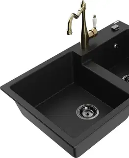 Kuchynské drezy MEXEN/S MEXEN/S - Tomas granitový drez 2-bowl vrátane batérie Carla, čierna 6516-77-670700-50-B