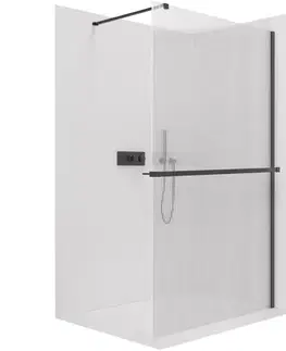 Držadlá k vani CERANO - Sprchová zástěna Walk-in Onyx Cube L/P - 8 mm + polička/držák na ručníky - hranatá vzpěra - černá matná, rýhované sklo - 80x200  CER-8050BD626